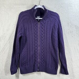 Lands End Cardigan Womens M Cable Knit Full Zip Sweater Purple Grandmacore